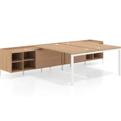 Mesa multipuesto con pedestal estantes Kube, encimera única, estructura blanca