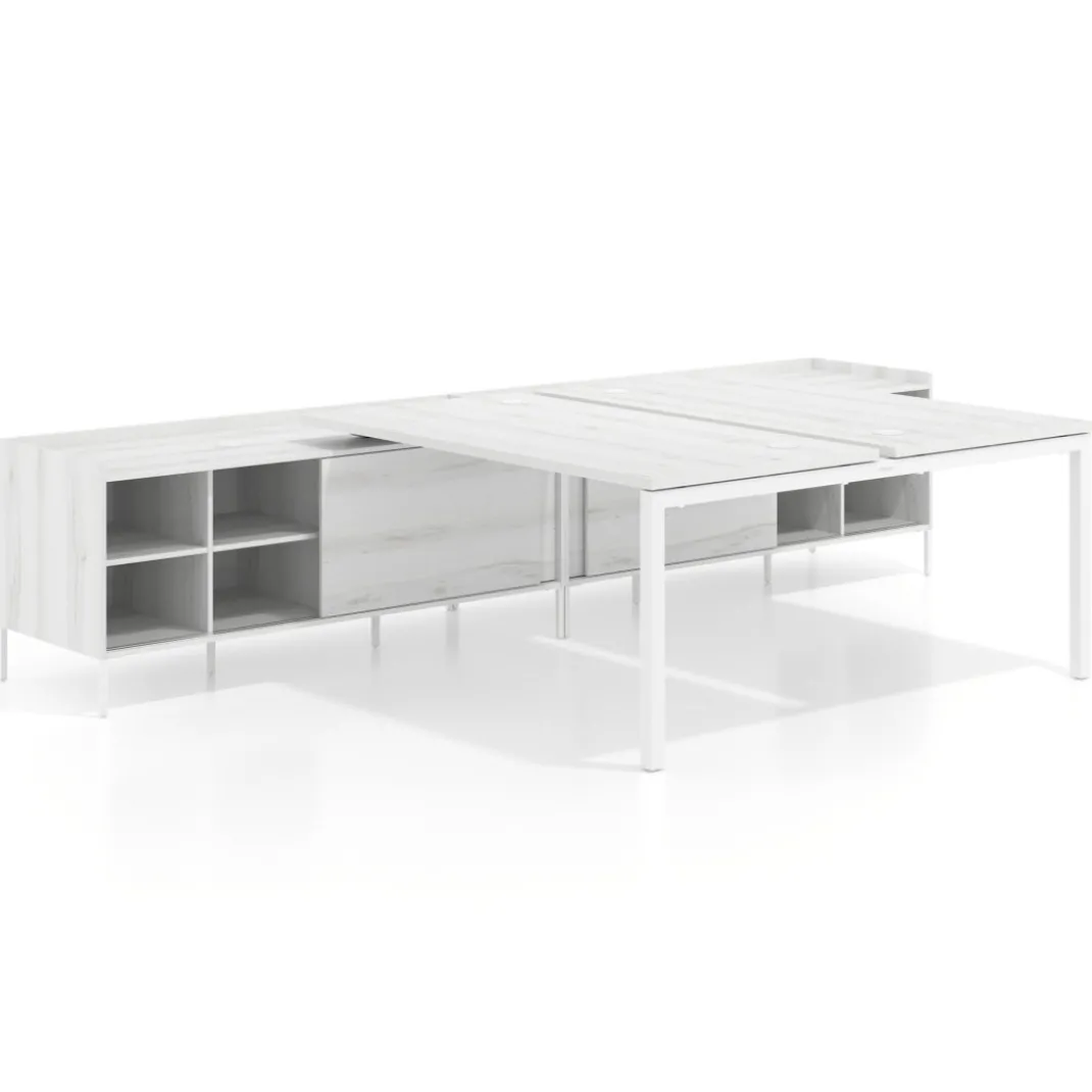 Mesa multipuesto con pedestal estantes Kube, encimera única, estructura blanca