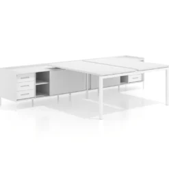 Mesa multipuesto con pedestal cajonera Kube, encimera única, estructura blanca