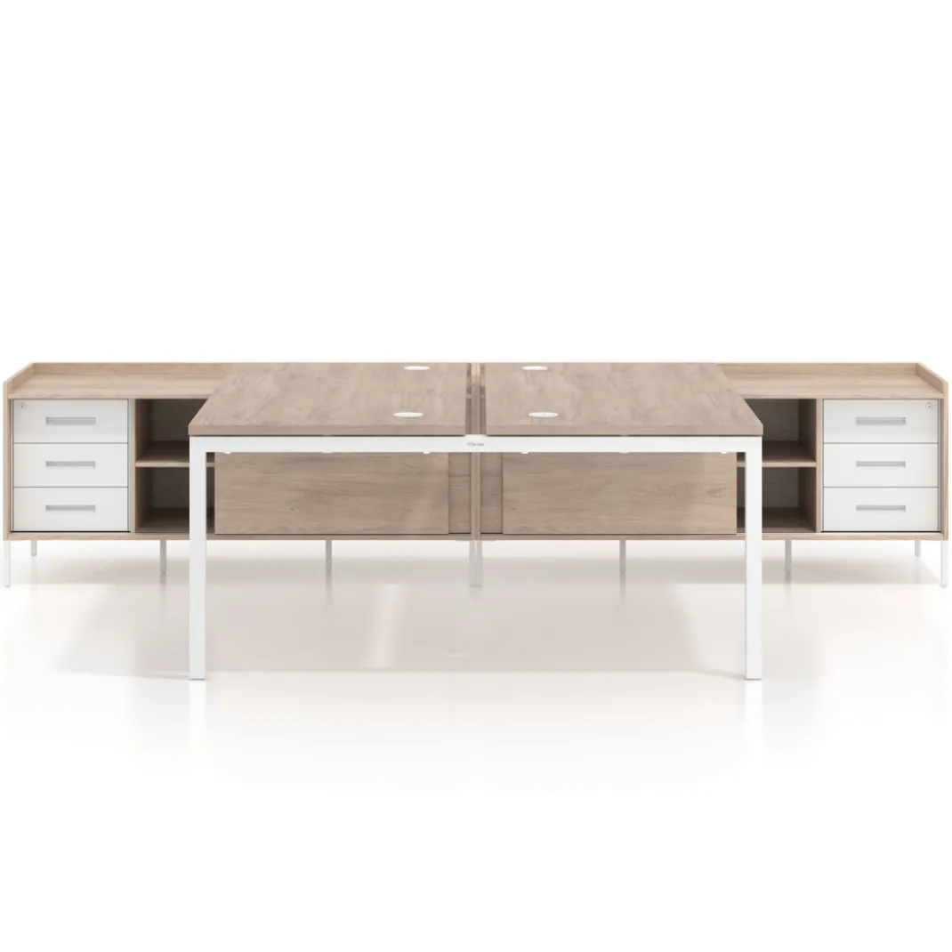 Mesa multipuesto con pedestal cajonera Kube, encimera única, estructura blanca