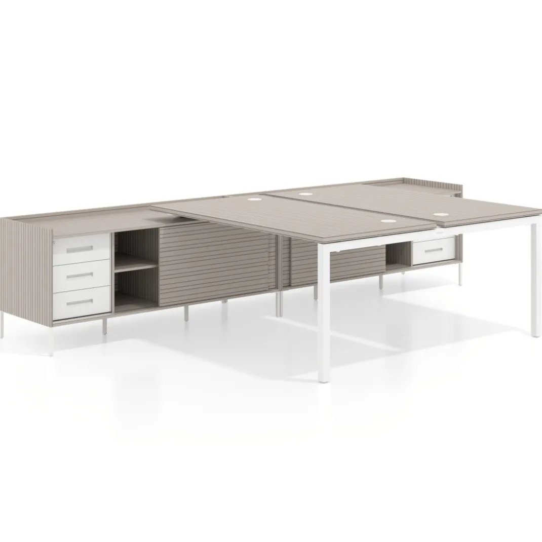 Mesa multipuesto con pedestal cajonera Kube, encimera única, estructura blanca
