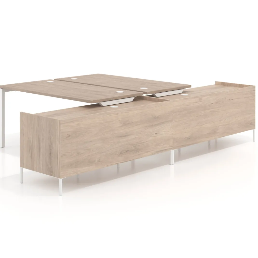 Mesa multipuesto con pedestal cajonera Kube, encimera única, estructura blanca