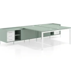Mesa multipuesto con pedestal cajonera Kube, encimera única, estructura blanca