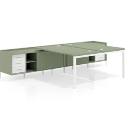 Mesa multipuesto con pedestal cajonera Kube, encimera única, estructura blanca