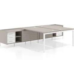 Mesa multipuesto con pedestal cajonera Kube, encimera única, estructura blanca