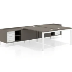 Mesa multipuesto con pedestal cajonera Kube, encimera única, estructura blanca