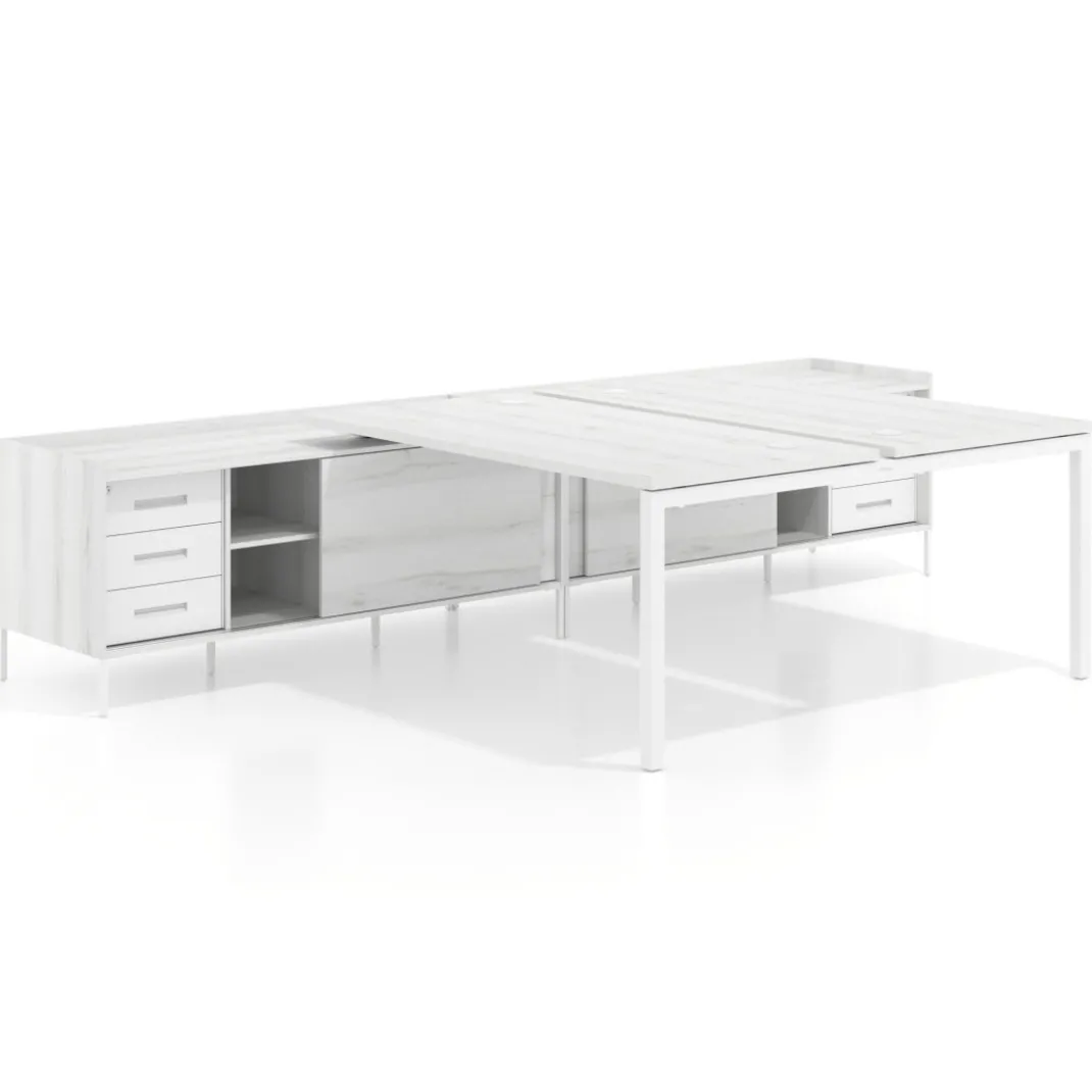Mesa multipuesto con pedestal cajonera Kube, encimera única, estructura blanca