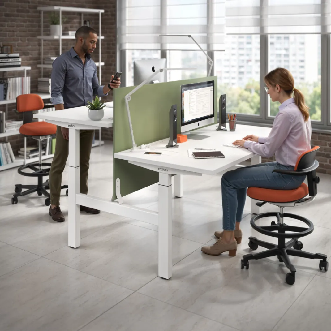 Mesa Multipuesto Elevable eléctrica Erghos Motion estructura blanca 2 cantos curvos