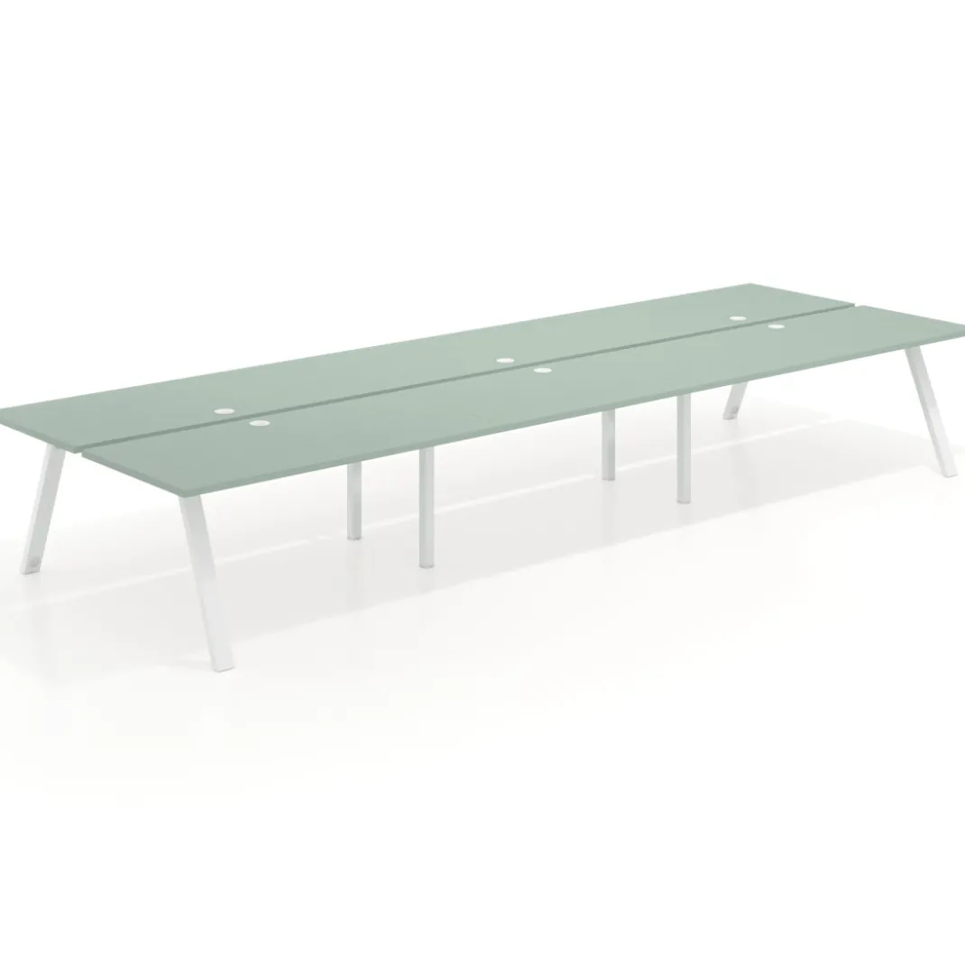 Mesa multipuesto UvePro Bench triple, fondo 166 cm, estructura blanca/madera
