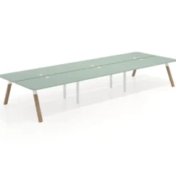 Mesa multipuesto UvePro Bench triple, fondo 166 cm, sobre curvo, estructura blanca/madera