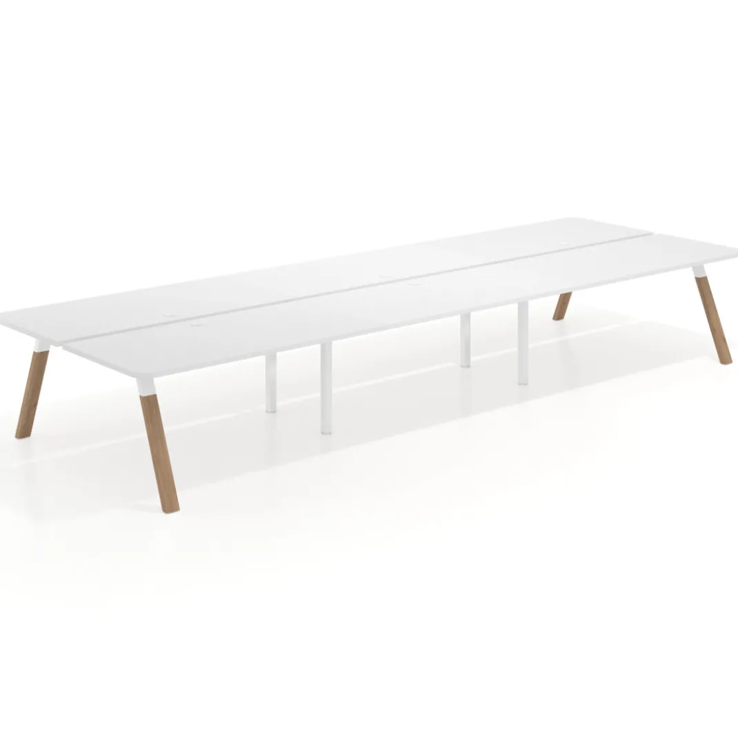 Mesa multipuesto UvePro Bench triple, fondo 166 cm, sobre curvo, estructura blanca/madera