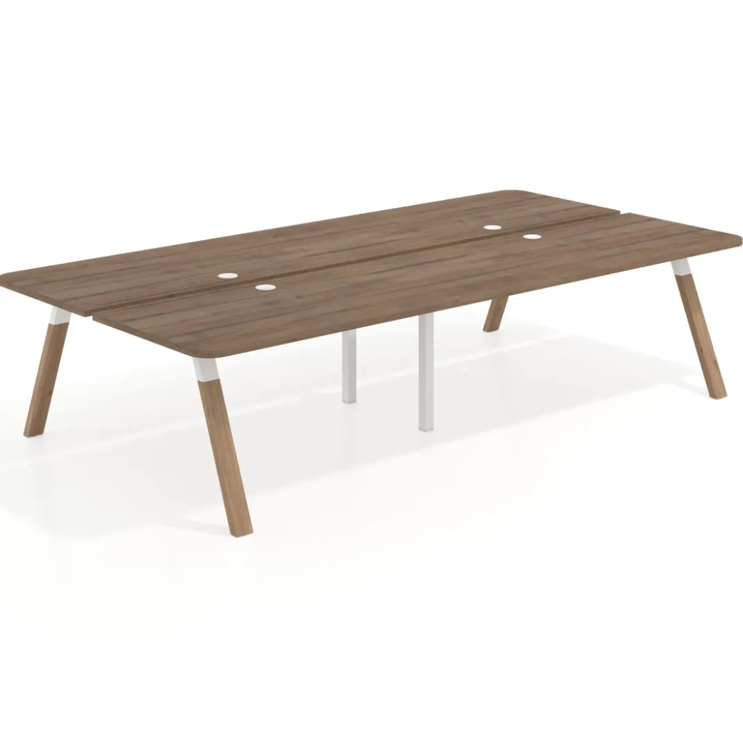 Mesa multipuesto UvePro Bench doble, fondo 166 cm, sobre curvo, estructura blanca/madera