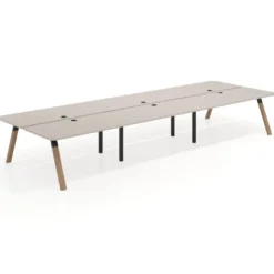 Mesa multipuesto UvePro Bench triple, fondo 166 cm, sobre curvo, estructura negra/madera