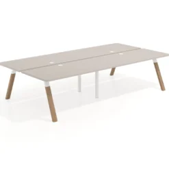 Mesa multipuesto UvePro Bench doble, fondo 166 cm, sobre curvo, estructura blanca/madera