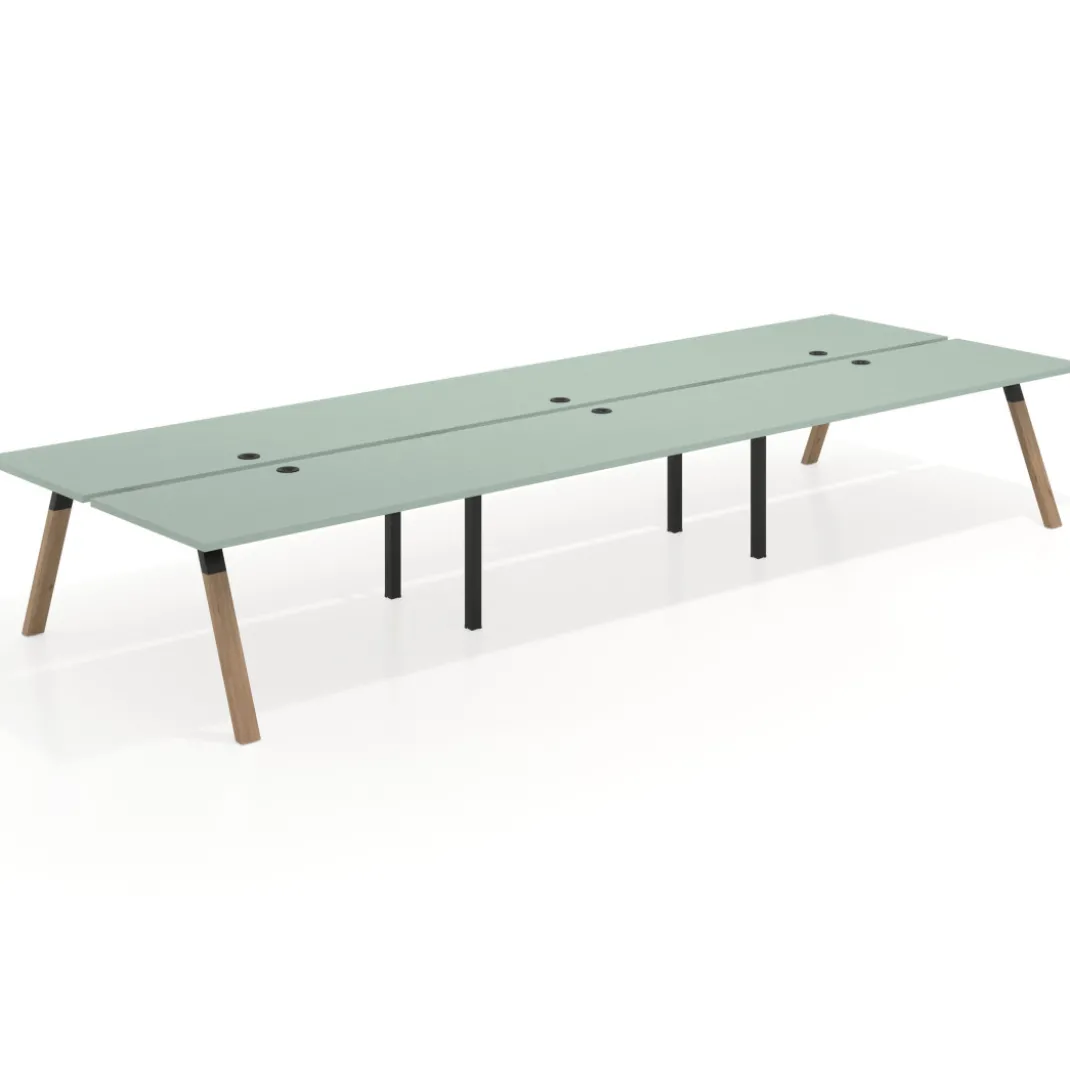 Mesa multipuesto UvePro Bench triple, fondo 166 cm, estructura negra/madera