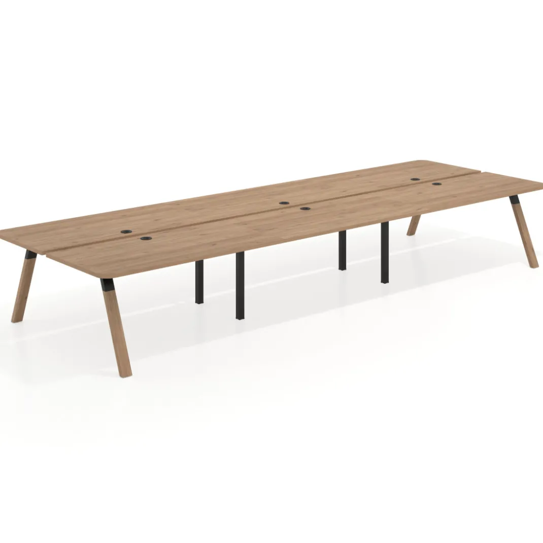 Mesa multipuesto UvePro Bench triple, fondo 166 cm, sobre curvo, estructura negra/madera