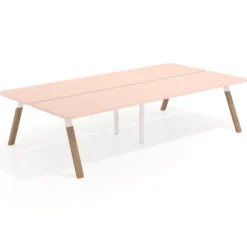 Mesa multipuesto UvePro Bench doble, fondo 166 cm, sobre curvo, estructura blanca/madera