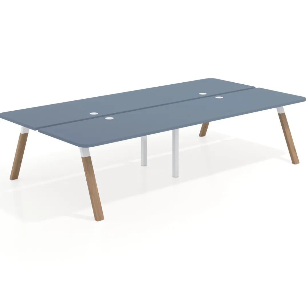 Mesa multipuesto UvePro Bench doble, fondo 166 cm, sobre curvo, estructura blanca/madera