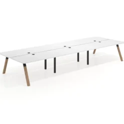 Mesa multipuesto UvePro Bench triple, fondo 166 cm, sobre curvo, estructura negra/madera