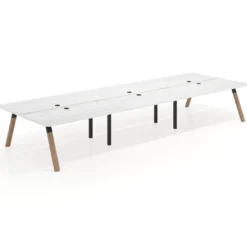Mesa multipuesto UvePro Bench triple, fondo 166 cm, sobre curvo, estructura negra/madera