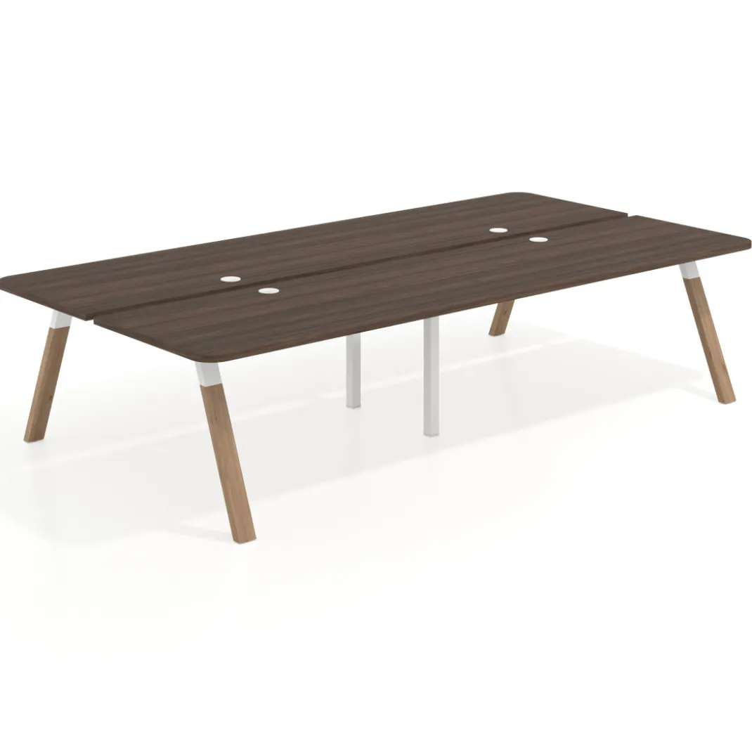 Mesa multipuesto UvePro Bench doble, fondo 166 cm, sobre curvo, estructura blanca/madera