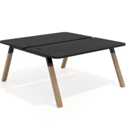 Mesa multipuesto UvePro Bench fondo 166 cm, sobre curvo, estructura negra/madera