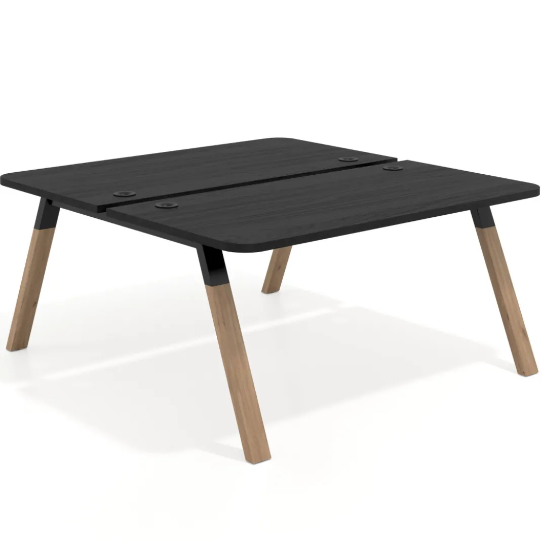 Mesa multipuesto UvePro Bench fondo 166 cm, sobre curvo, estructura negra/madera