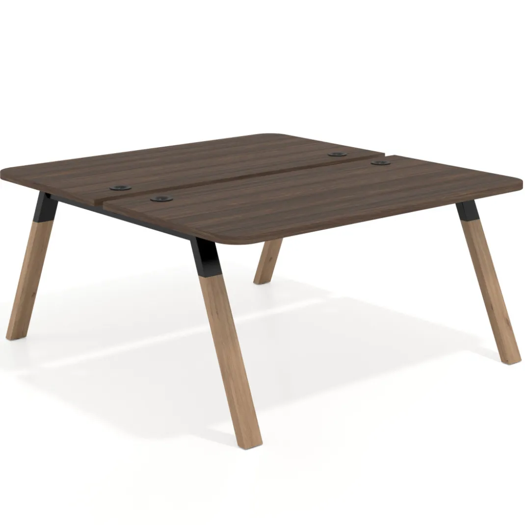 Mesa multipuesto UvePro Bench fondo 166 cm, sobre curvo, estructura negra/madera