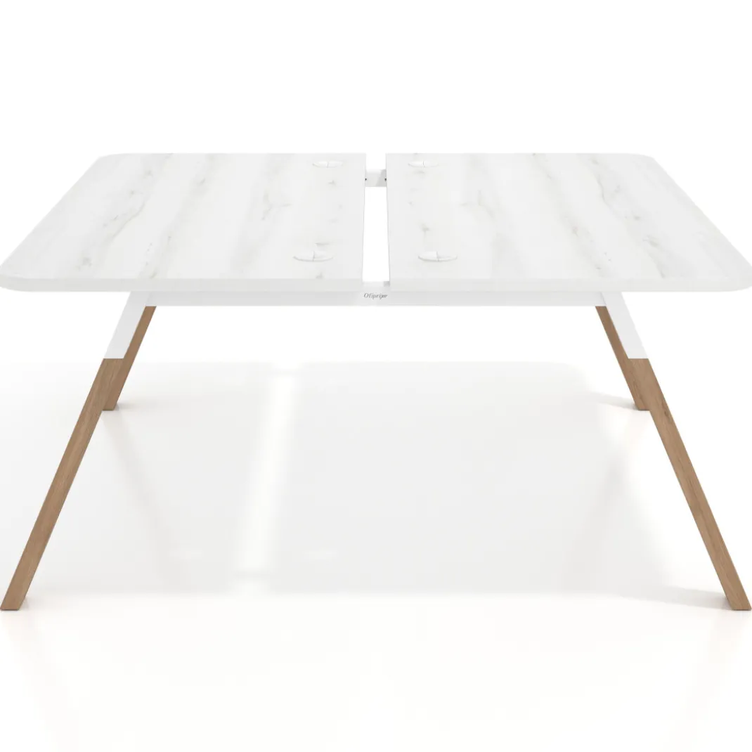 Mesa multipuesto UvePro Bench fondo 166 cm, sobre curvo, estructura blanca/madera