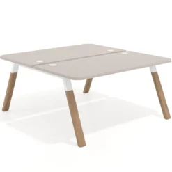Mesa multipuesto UvePro Bench fondo 166 cm, sobre curvo, estructura blanca/madera