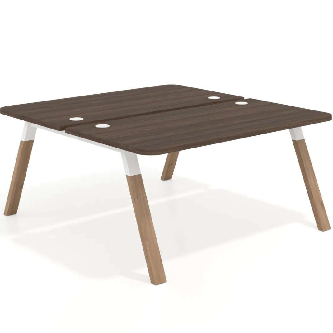 Mesa multipuesto UvePro Bench fondo 166 cm, sobre curvo, estructura blanca/madera