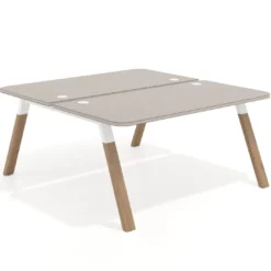 Mesa multipuesto UvePro Bench fondo 166 cm, sobre curvo, estructura blanca/madera