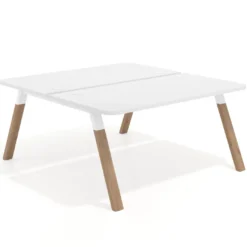 Mesa multipuesto UvePro Bench fondo 166 cm, sobre curvo, estructura blanca/madera