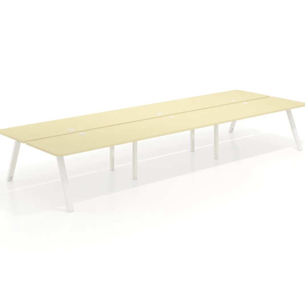 Mesa multipuesto UvePro Bench triple, fondo 166 cm, sobre curvo, estructura blanca