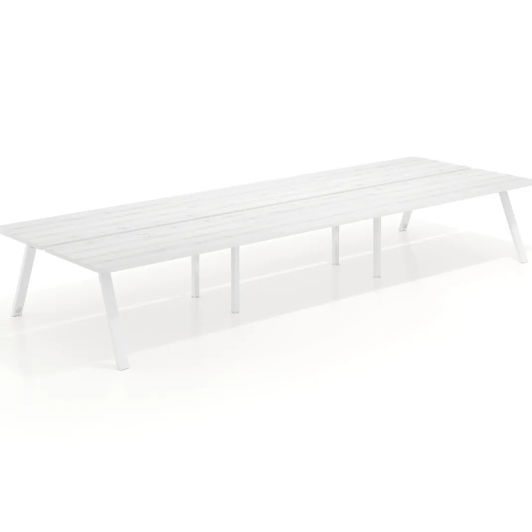 Mesa multipuesto UvePro Bench triple, fondo 166 cm, sobre curvo, estructura blanca