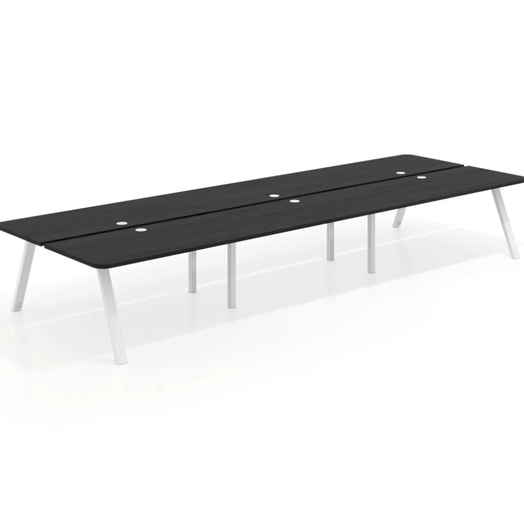 Mesa multipuesto UvePro Bench triple, fondo 166 cm, sobre curvo, estructura blanca