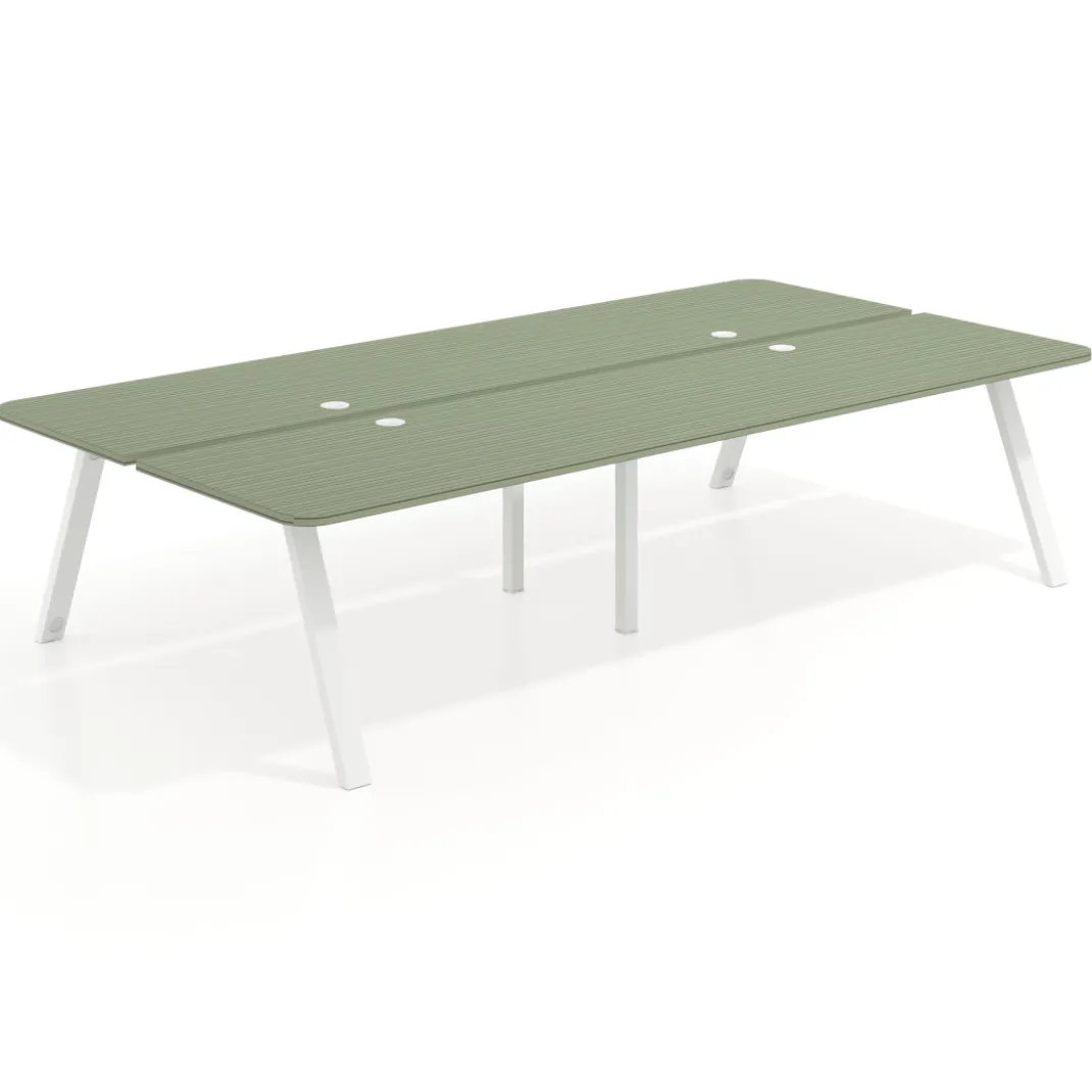 Mesa multipuesto UvePro Bench doble, fondo 166 cm, sobre curvo, estructura blanca