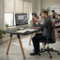 Mesa oficina de diseño UvePro fondo 100cm, estructura negra, patas de madera