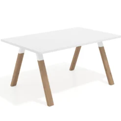 Mesa oficina de diseño UvePro fondo 100cm, estructura blanca, patas de madera
