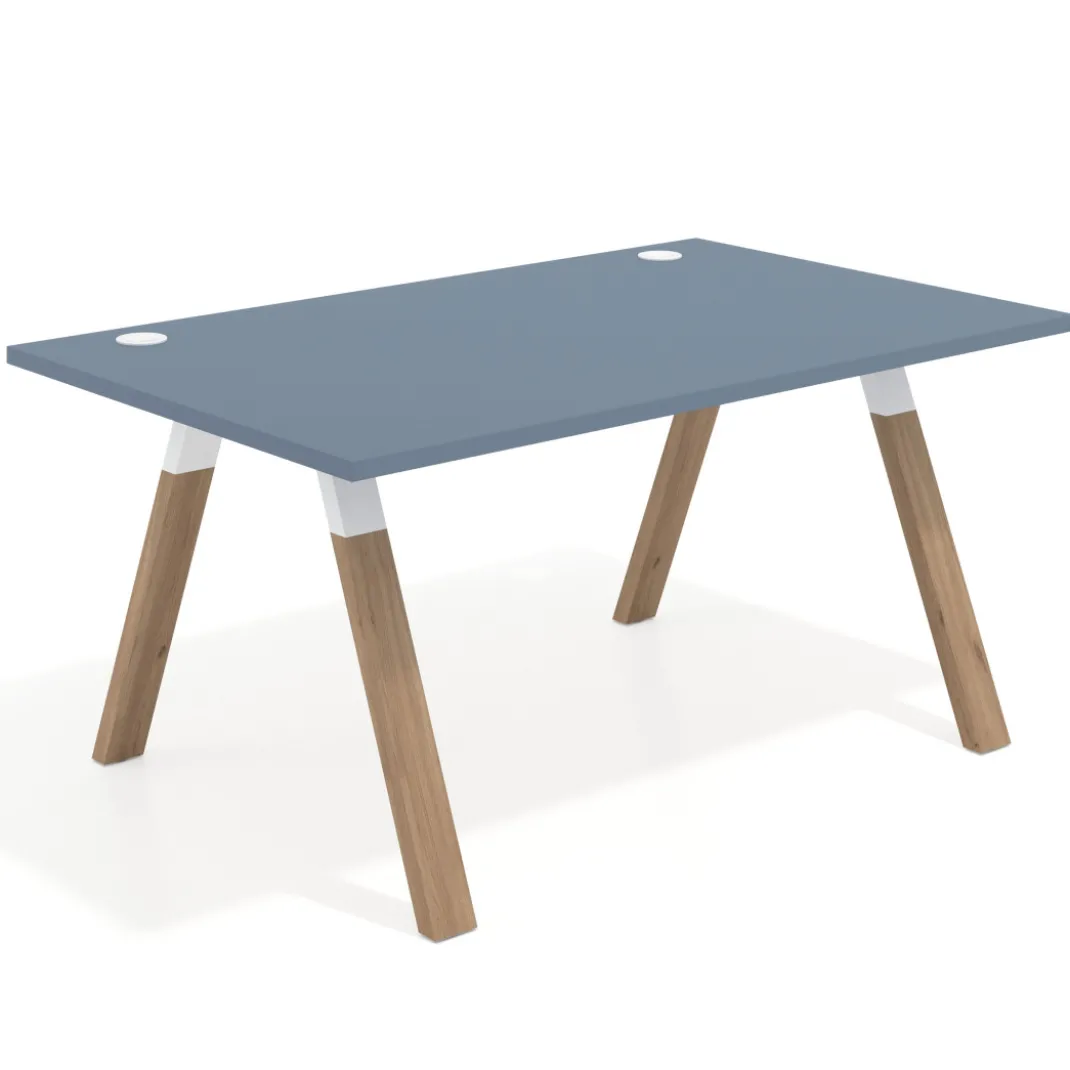 Mesa oficina de diseño UvePro fondo 100cm, estructura blanca, patas de madera