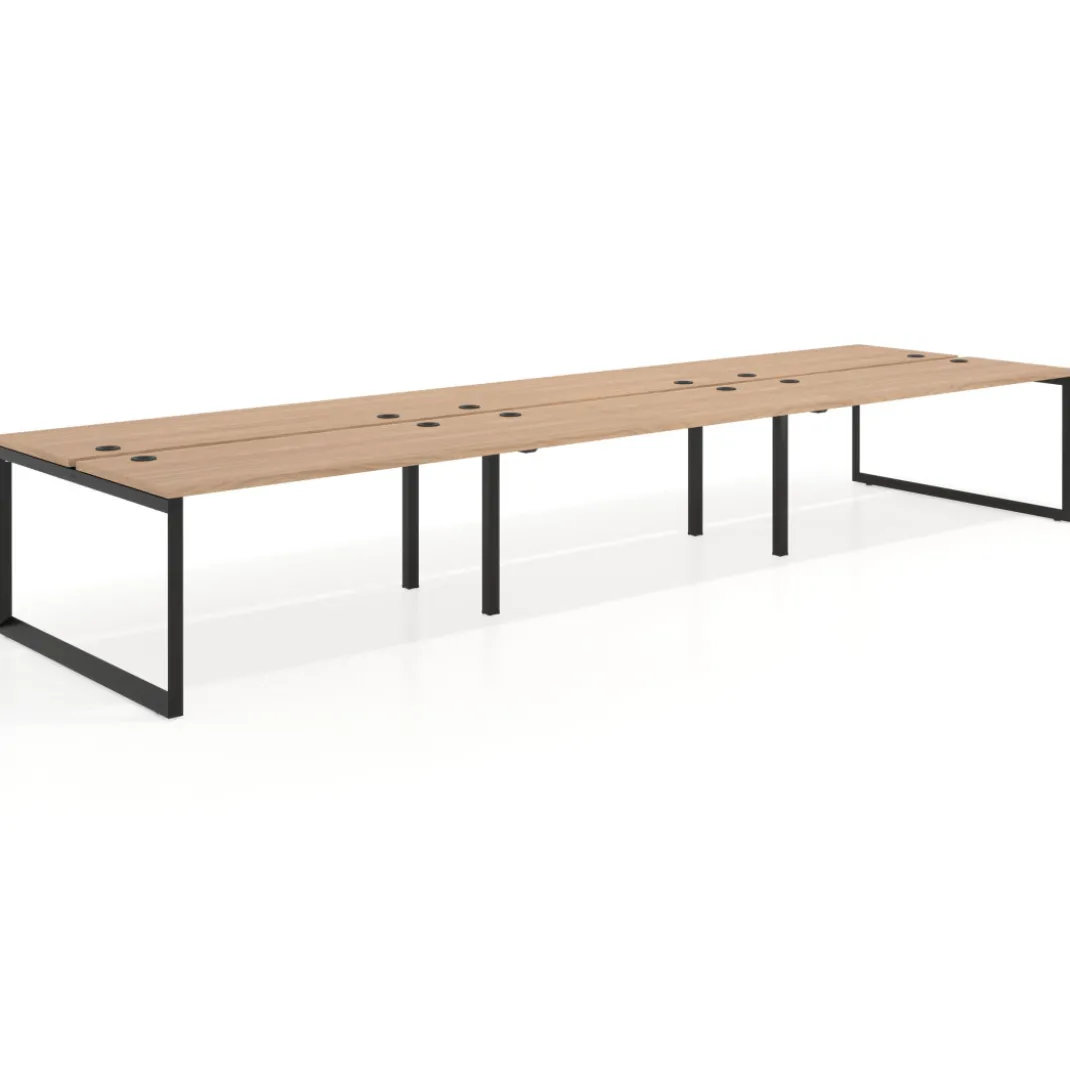 Mesa oficina multipuesto bench Delta triple, fondo 142cm, estructura negra