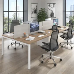 Mesa oficina multipuesto bench doble Kube, fondo 142cm, estructura blanco