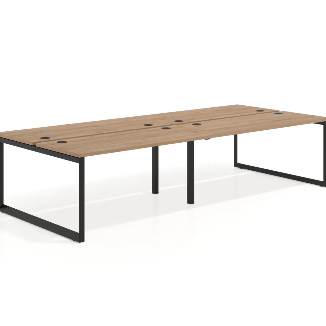 Mesa oficina multipuesto bench Delta doble, fondo 142cm, estructura negra