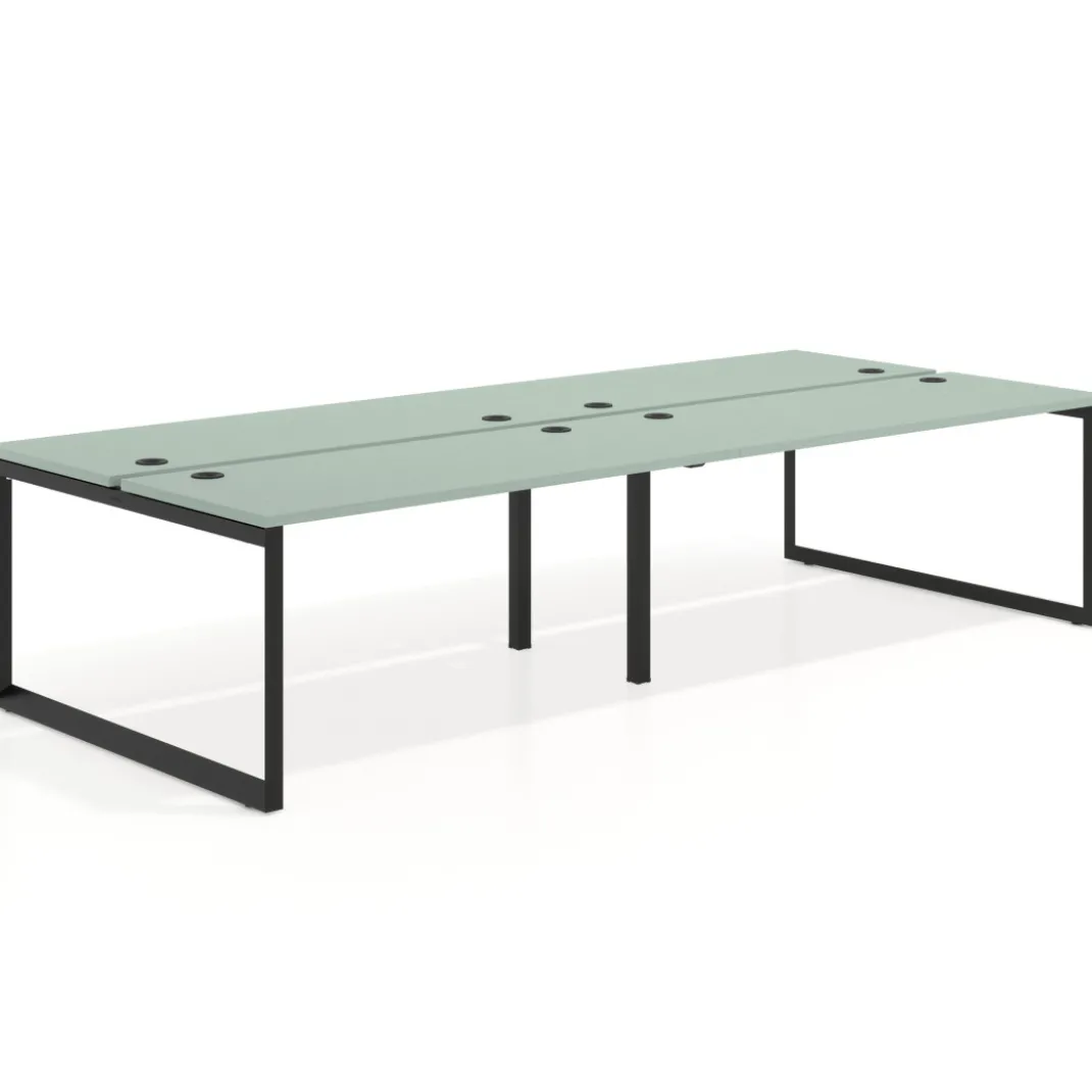Mesa oficina multipuesto bench Delta doble, fondo 142cm, estructura negra