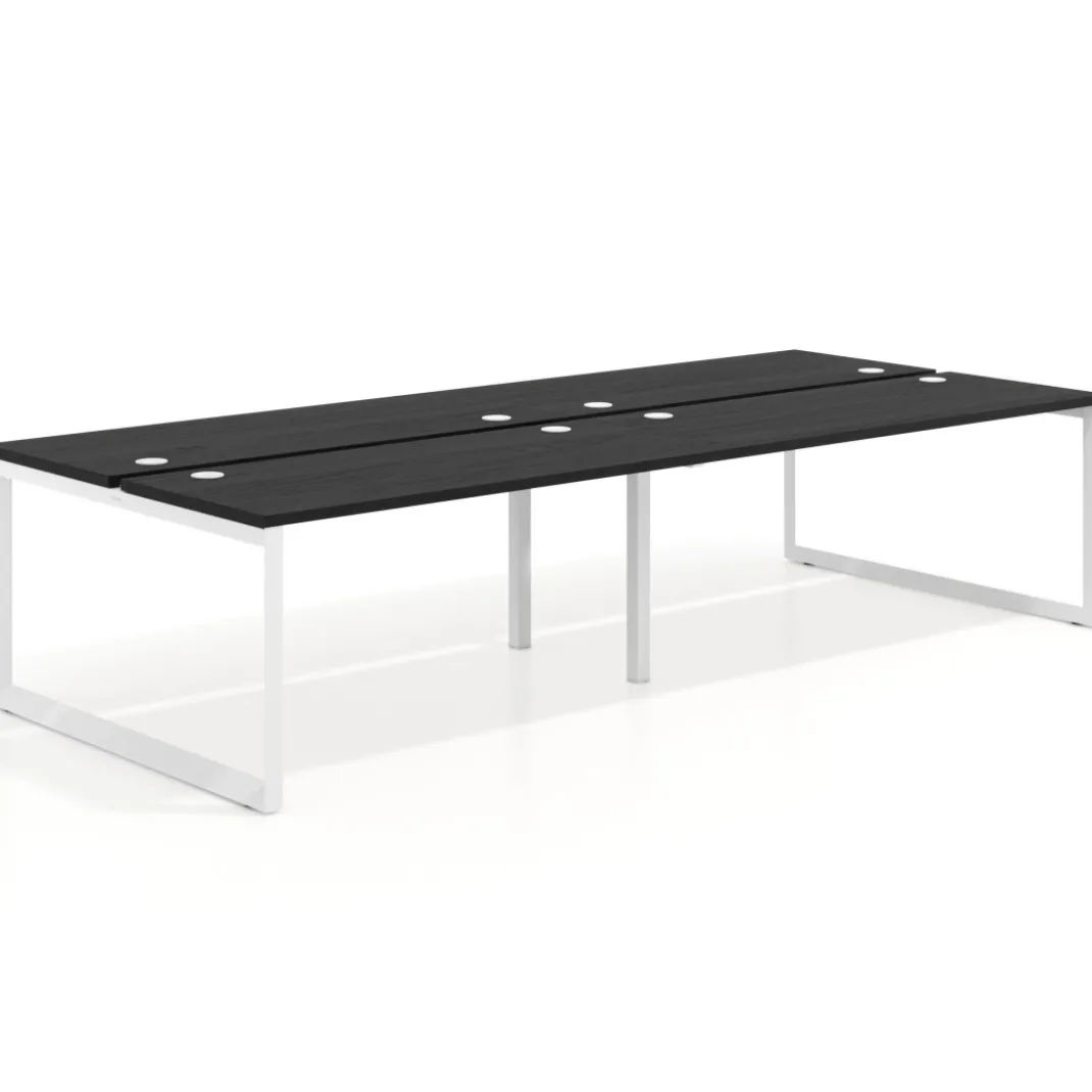 Mesa oficina multipuesto bench Delta doble, fondo 142cm, estructura blanca