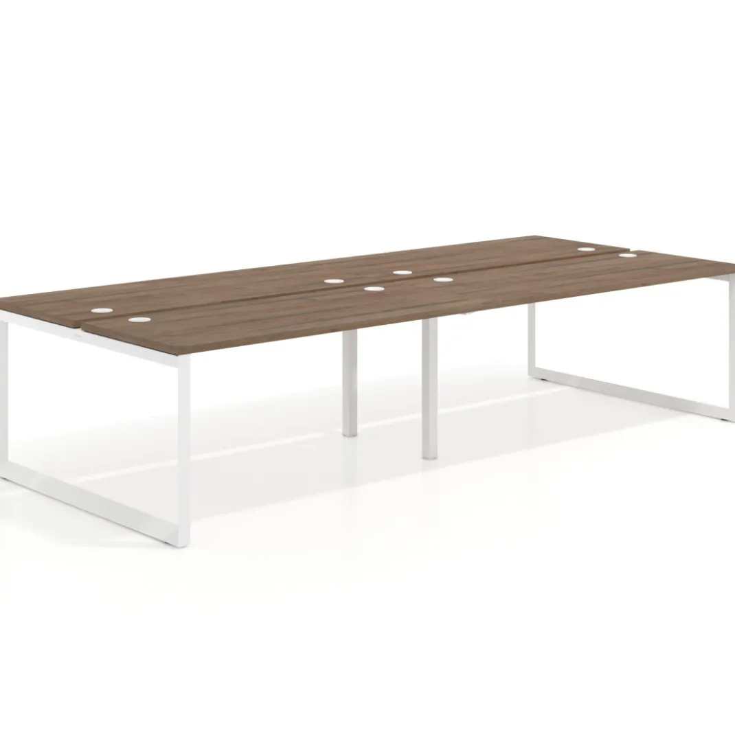 Mesa oficina multipuesto bench Delta doble, fondo 142cm, estructura blanca