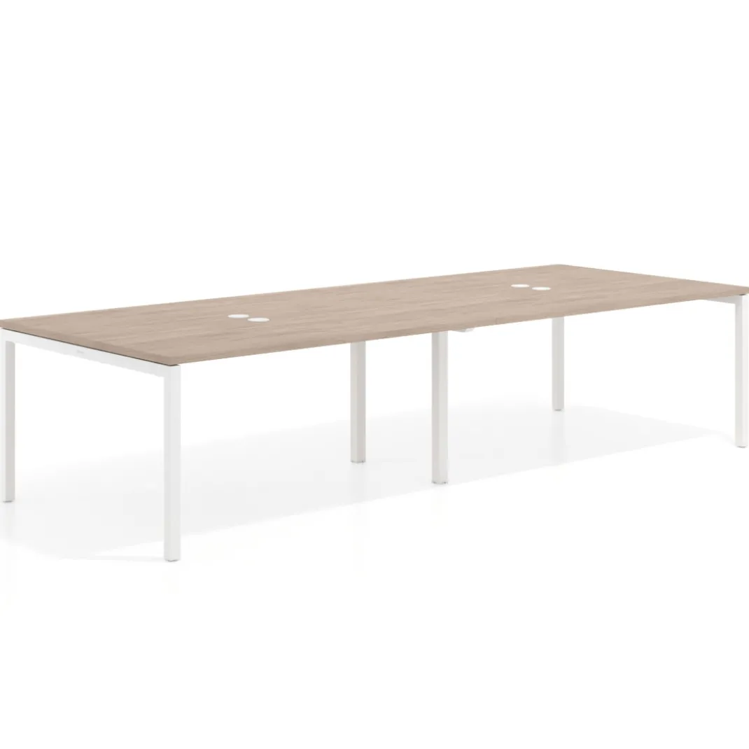 Mesa para coworking encimera continua doble Kube, fondo 126 cm, estructura blanca