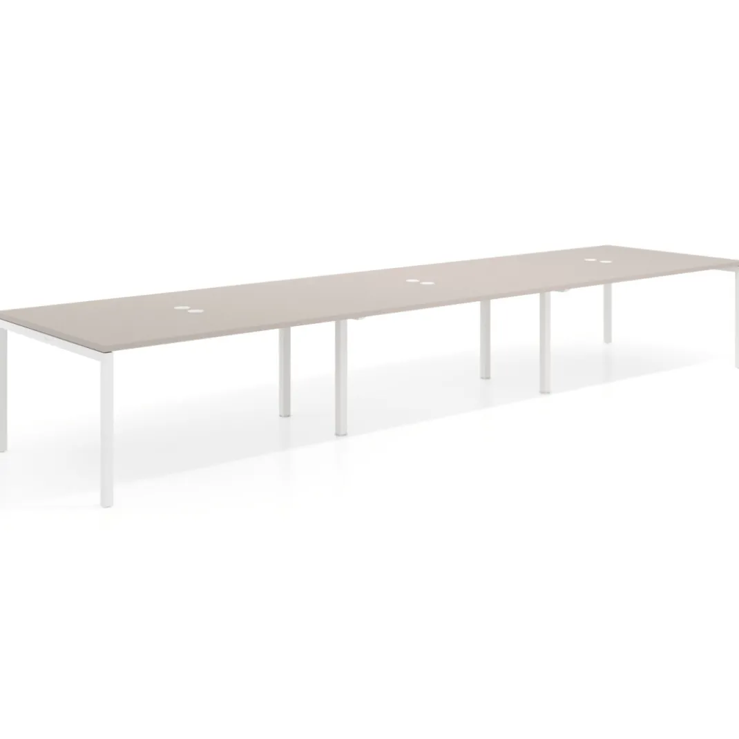 Mesa para coworking encimera continua triple Kube, fondo 126 cm, estructura blanca