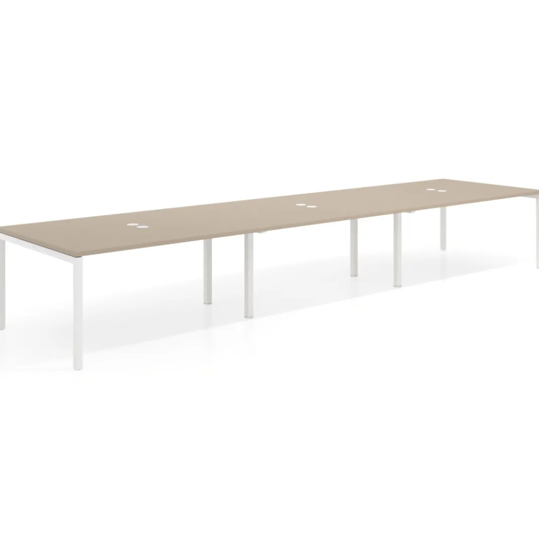 Mesa para coworking encimera continua triple Kube, fondo 126 cm, estructura blanca