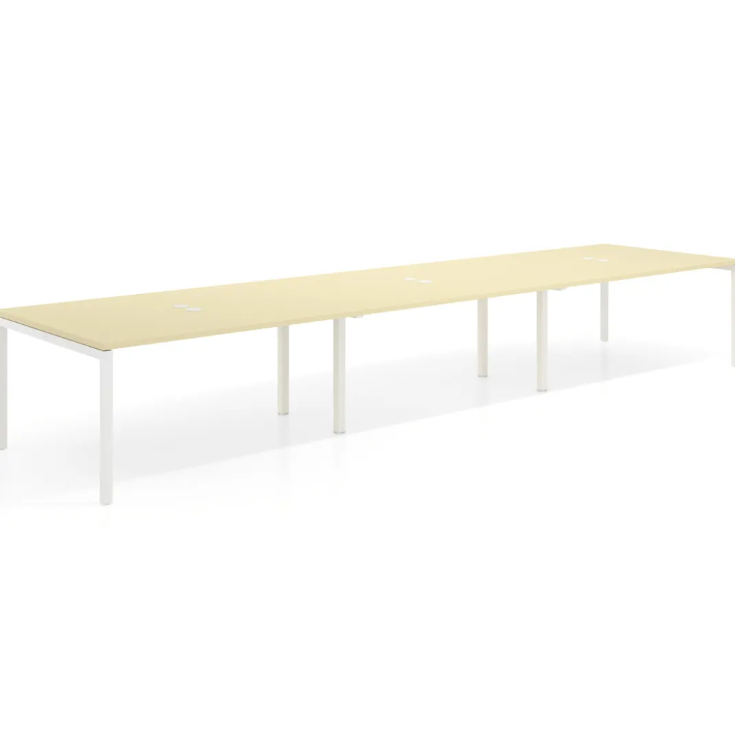 Mesa para coworking encimera continua triple Kube, fondo 126 cm, estructura blanca